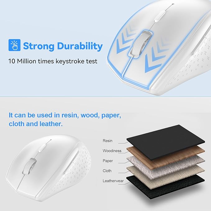 TECKNET Bluetooth Mouse, 4800 DPI Wireless Mouse, 2-Year Battery 6 Adjustable DPI, 6 Buttons Compatible with Laptop/Windows/Computer - White