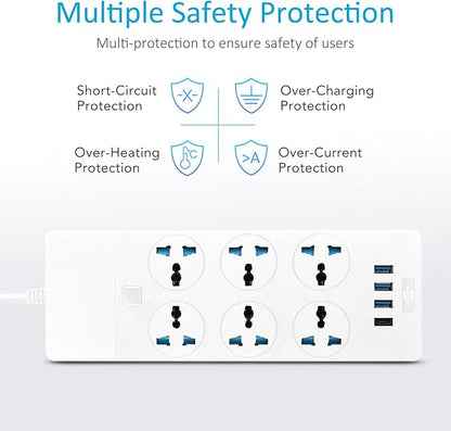 International Power Adapter with 6 Universal Outlet 4 USB Ports (1 USB C), Jumpso 6ft Travel Power Strip, EU UK to US Plug Adapter, 110-240v, 3000w Extension Cord for Home Office White
