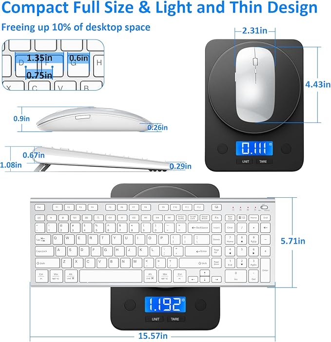 Wireless Keyboard and Mouse, GALENMORO Silent Quiet Combo Low Profile USB C Full Size Compact with Number Pad Flat Soft Touch Cordless for Mac Computer PC Laptop Macbook iMac Office - White and Silver