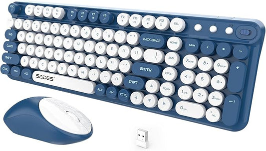 Wireless Keyboard and Mouse,Cute Retro Typewriter Computer Keyboard and Mouse Sets,Full SIze 2.4G Cordless Colorful Round Keycaps Keyboard with Silent Mouse for PC Window Laptop Home Office-White Blue