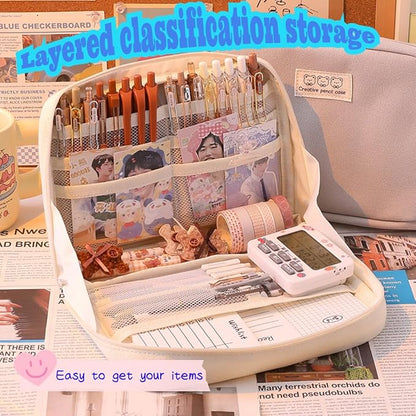 Pencil Case Pouch Box Cute Kawaii Large Capacity Aesthetic Zipper Pen Holder Organizer Bag for Office Workspace Supplies Desk Accessories Travel (Light Grey)