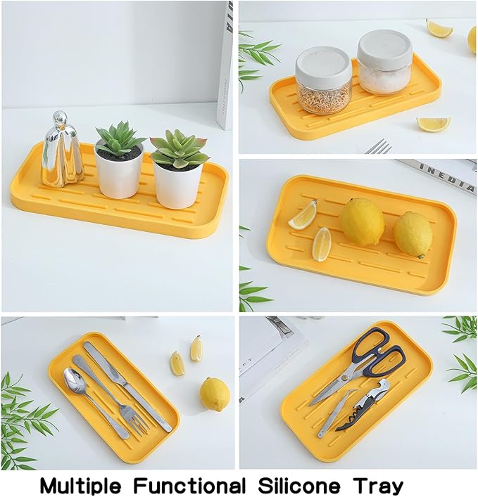 Silicone Kitchen Sink Organizer Tray for Multiple Usage,Easy Clean,Eco-Friendly Sponges Holder for Kitchen Bathroom Counter or Sink,Dish Soap Dispenser,Scrubber,Bottle,Cup Yellow 10”x 5.3”