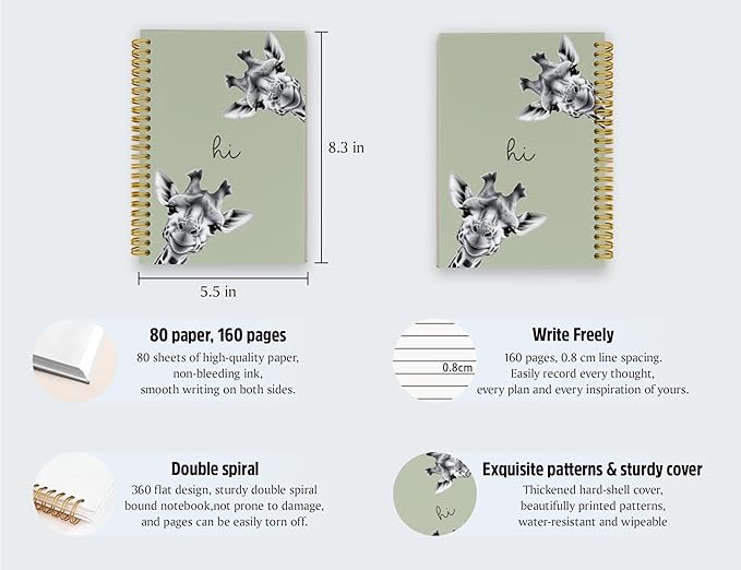 Giraffe Notebook Journal,Green Cute Animal Notebook Journal for School Women Teen Girls Kids,Gifts for Giraffe Lovers,Hardcover Spiral Notebooks for Work Notes Journaling,5.5x8.3 Inch