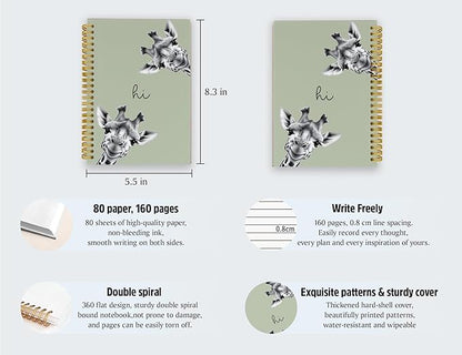 Giraffe Notebook Journal,Green Cute Animal Notebook Journal for School Women Teen Girls Kids,Gifts for Giraffe Lovers,Hardcover Spiral Notebooks for Work Notes Journaling,5.5x8.3 Inch