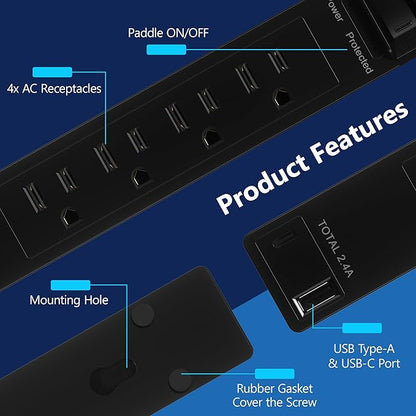LIDER Surge Protected Outlet Extender, 4-Outlet Power Strip, 1 USB Type-A, and 1 USB Type-C Port, Surge Protect Up to 1500J, Ultra-Thin Wall Plate Plug with Cord Extender, 5ft Cord, ETL-Listed, Black