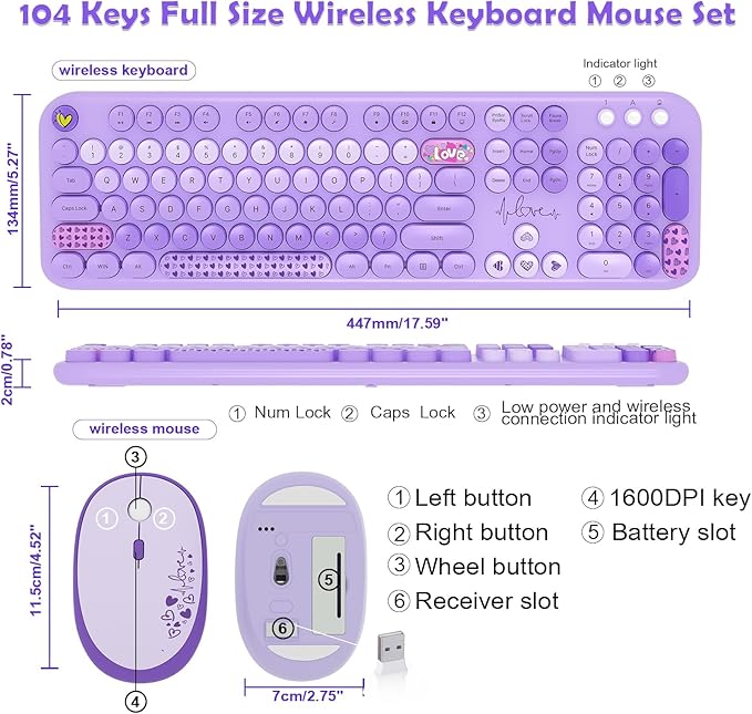 MOFII Keyboard and Mouse Wireless, 104 Round Keys Lovely Full-Size Cute Colorful Keyboard and Mouse with Retro Typewriter for PC/Mac/Laptop/Tablet/Computer/Windows Purple