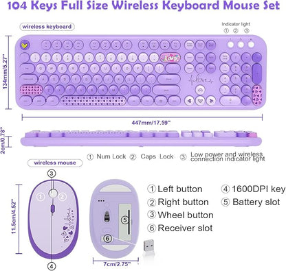 MOFII Keyboard and Mouse Wireless, 104 Round Keys Lovely Full-Size Cute Colorful Keyboard and Mouse with Retro Typewriter for PC/Mac/Laptop/Tablet/Computer/Windows Purple