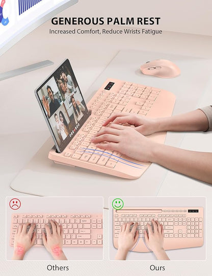 Trueque Wireless Keyboard and Mouse Combo - Full-Sized Ergonomic Keyboard with Wrist Rest, Phone Holder, Sleep Mode, Silent 2.4GHz Cordless Keyboards Mice Set for Computer, Laptop, PC, Windows (Pink)