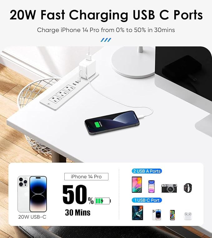 VILONG Recessed Power Strip with PD 20W USB-C, Flush Mounted Drawer Outlet, 4 Outlets & 3 USB Ports, Conference Desktop Built in Power Strip, 6.5FT Extension Cord(White)