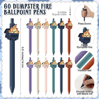 60 Sets Dumpster Fire Gifts Funny Dumpster Fire Ballpoint Pens and Bookmarks Bulk Emotional Support Gift for Christmas Office Desk Accessories Work Coworkers Team Employee Staff Teachers