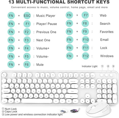 Wireless Keyboard and Mouse Combo, Ergonomic Full Size Typewriter Retro Round Keycaps Keyboard, Compatible with Windows, PC, Perfer for Home and Office Keyboards（White）