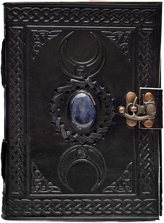 cuero 3 Moon Blue Lapiz Embossed Vintage Leather Journal for Men & Women - 176 Pages, Antique Handmade Deckle Edge Vintage Paper, Leather Journal Writing Notebook Dairy Gift(10 inch by 13 inch, Black)