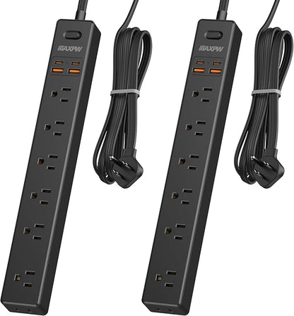 2 Pack Power Strip Surge Protector - 7 Outlets 4 USB Ports (2 USB C), 6 Ft Ultra Thin Flat Plug Extension Cord, 1875W/15A, 1700 Joules, Wall Mount for Home Office Dorm, Black