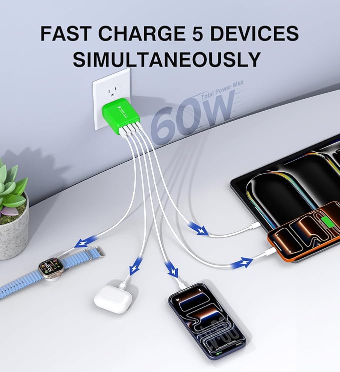 60W USB C Wall Charger Block,5-Port C Charger Fast Charging Block PD Power Adapter +QC 3.0 Multiport Type C Box Charger Cube USB A Wall Plug for iPhone 14/15/16/17 Pro Max Plus,Samsung(Green)(2-Pack)