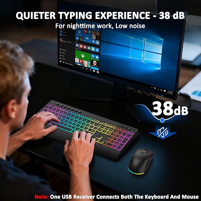 Wireless Keyboard and Mouse Combo, 9 Backlit Effects, Rechargeable 4000mAh Backlit Keyboard with Wrist Rest, 6 Button Mouse, 2.4G Full Size Quiet Keyboard Set for Computer, PC, Laptop, Mac, Windows