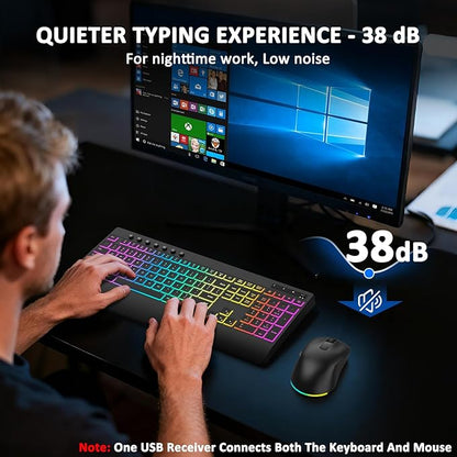 Wireless Keyboard and Mouse Combo, 9 Backlit Effects, Rechargeable 4000mAh Backlit Keyboard with Wrist Rest, 6 Button Mouse, 2.4G Full Size Quiet Keyboard Set for Computer, PC, Laptop, Mac, Windows