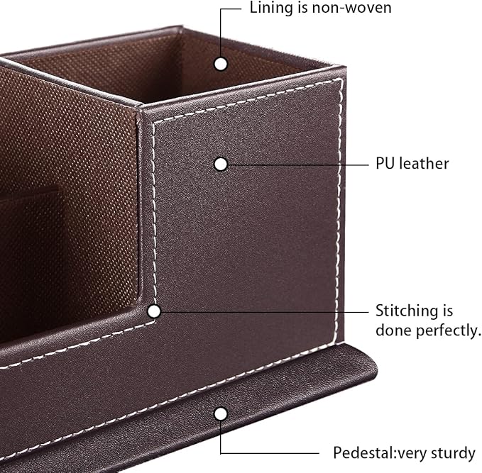 PUSU Desk Pencil Holder, PU Leather Pen Holder for Desk, Executive Desk Organizers and Accessories, Multifunctional Desk Organizer with 4 Compartments Storage Business Card/Pen/Pencil/Phone/Stationery