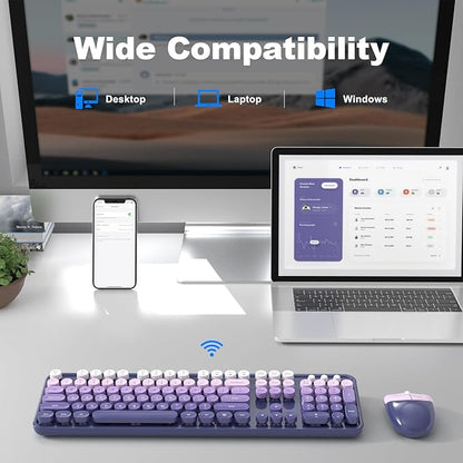 MOFII Wireless Keyboard and Mouse Combo, Full Size 2.4G Plug and Play Typewriter Retro Round Computer Keyboard and Mouse Set for Windows, Computer, Desktop, PC, Notebook - (Purple Gradient)
