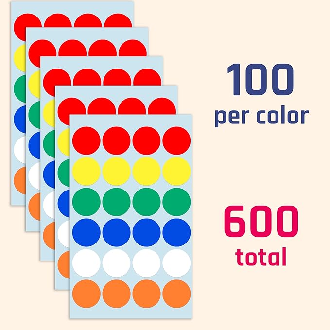 600 Pack, 1" Round Colored Dot Stickers Labels - 6 Colors
