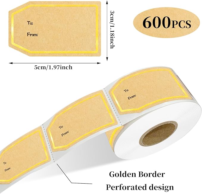600PCS Gift Tag Stickers, 1.18" x 2" Gold Border Christmas Gift Tags Stickers, Brown Kraft to and from Gifts Labels Self Adhesive Christmas Labels Holiday Present Label, Perforated line Design