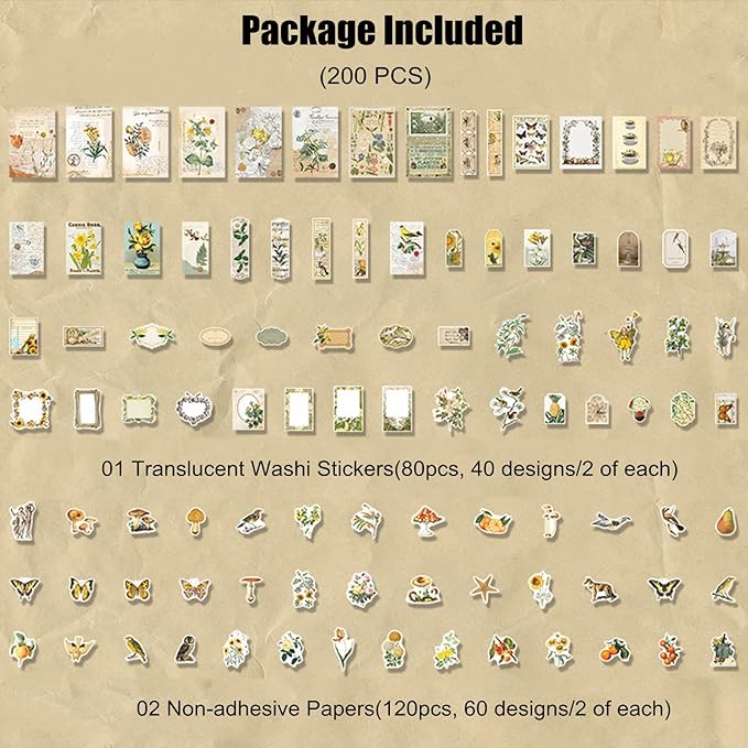 200PCS Vintage Scrapbooking Supplies Kit for Journaling, Scrapbook Sticker Paper Pack for for Bullet Journals Junk Journal Planners Aesthetic Cottagecore Room Decor Wall Art Collage Album
