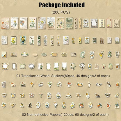 200PCS Vintage Scrapbooking Supplies Kit for Journaling, Scrapbook Sticker Paper Pack for for Bullet Journals Junk Journal Planners Aesthetic Cottagecore Room Decor Wall Art Collage Album