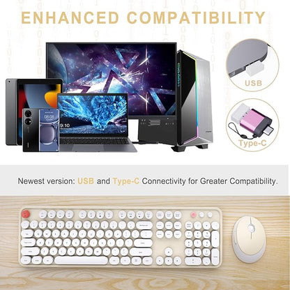 Wireless Keyboard and Mouse Combo, Ergonomic Full Size Typewriter Retro Round Keycaps Keyboard, Compatible with Windows, PC, Perfer for Home and Office Keyboards (Beige