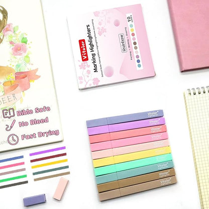 Vitoler 10 Pack Aesthetic Highlighters Soft Chisel Tip Bible Pastel Highlighters Cute Rainbow Color No Bleed Bible Highlighter,Great for Painting,Noting,Marking