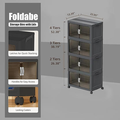Stackable Storage Bins with Lid & Wheel, Folding Storage Cabinet with Door, Large Foldable Containers Plastic Collapsible Storage Boxes for Home, Pantry, Office (M, Gray 4-Tier)