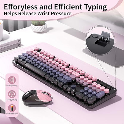 Wireless Keyboard and Mouse, MOFII 104 Round Keycaps Retro Typewriter with OTG & Brush, Full-Size Ergonomic, Ideal for Windows PC, Home, Office and College Peach Pink