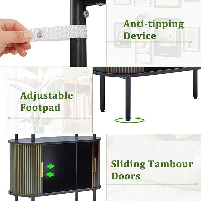 71" Tall Fluted Arched Bookshelf with Sliding Tambour Doors, Mid Century Modern Metal Curved Bookshelf Cabinet with Storage, 4-Tier Open Display Storage Shelf for Home Office, Living Room (Black