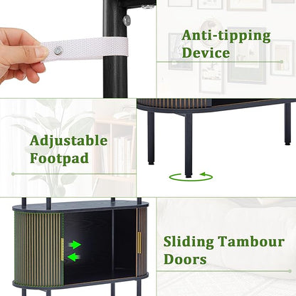 71" Tall Fluted Arched Bookshelf with Sliding Tambour Doors, Mid Century Modern Metal Curved Bookshelf Cabinet with Storage, 4-Tier Open Display Storage Shelf for Home Office, Living Room (Black