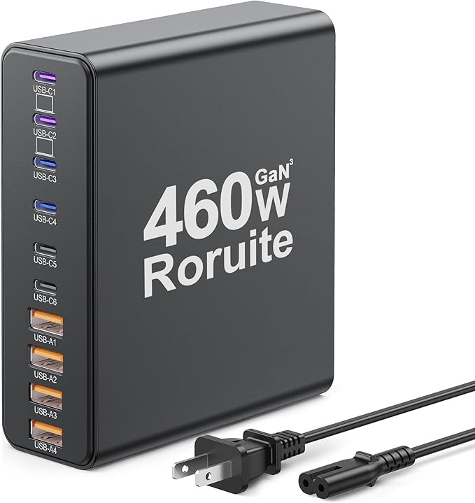 460W USB C Charger Block, 10-Port Charging Station GaN Fast Charger Block Type C & USB A Wall Charger, Dual 65W Laptop Multiport for iPhone 17, iPad, MacBook Pro/Air, Samsung Galaxy, Android(Grey)