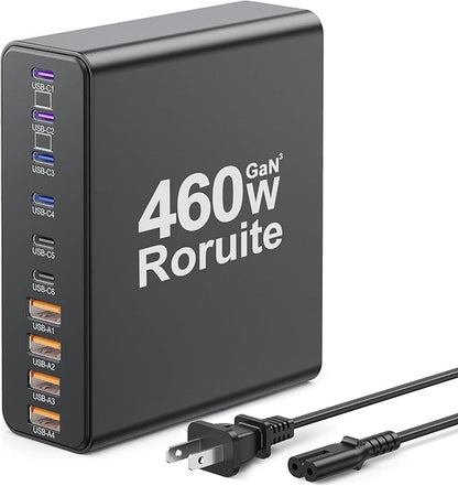 460W USB C Charger Block, 10-Port Charging Station GaN Fast Charger Block Type C & USB A Wall Charger, Dual 65W Laptop Multiport for iPhone 17, iPad, MacBook Pro/Air, Samsung Galaxy, Android(Grey)