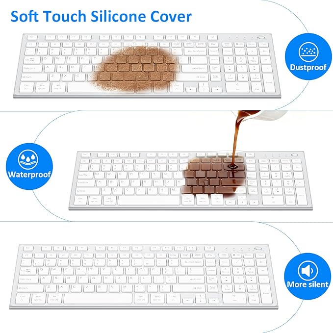Wireless Keyboard and Mouse, GALENMORO Silent Quiet Combo Low Profile USB C Full Size Compact with Number Pad Flat Soft Touch Cordless for Mac Computer PC Laptop Macbook iMac Office - White and Silver
