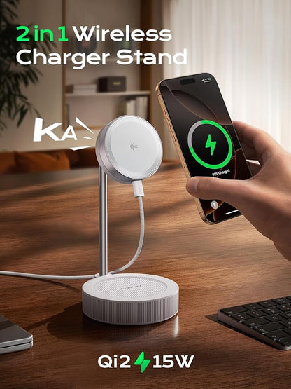 THREEKEY Charging Station, for MagSafe Charger with 180° Rotation, Qi2 15W Fast Charging Pad with Dual-Sided Magnets, Magnetic Wireless Charger Stand for iPhone 16-12 Series/Airpods (TZH104 White)