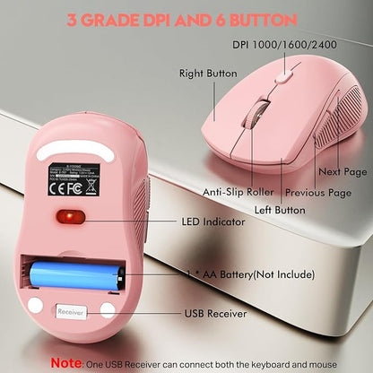 Wireless Keyboard and Mouse Combo, E-YOOSO 2.4GHz Full Sized Ergonomic Wireless Keyboard with Wrist Rest, 3 DPI Adjustable and 6 Buttons Cordless USB Mouse for Computer, Laptop, PC, Windows (Pink)