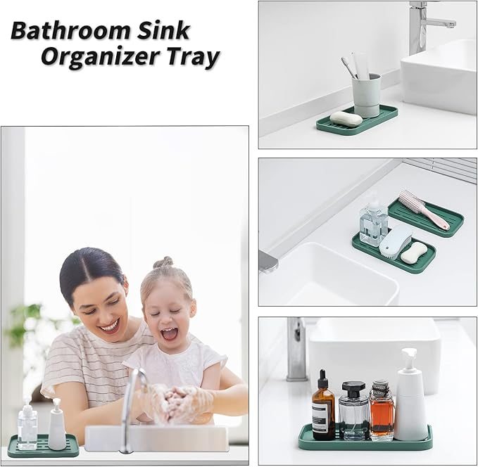 Silicone Kitchen Sink Organizer Tray for Multiple Usage,Eco-Friendly Sponges Holder for Kitchen Bathroom Counter or Sink,Dish Soap Dispenser,Scrubber,Bottle,Cup (Green, 10"×5.3")