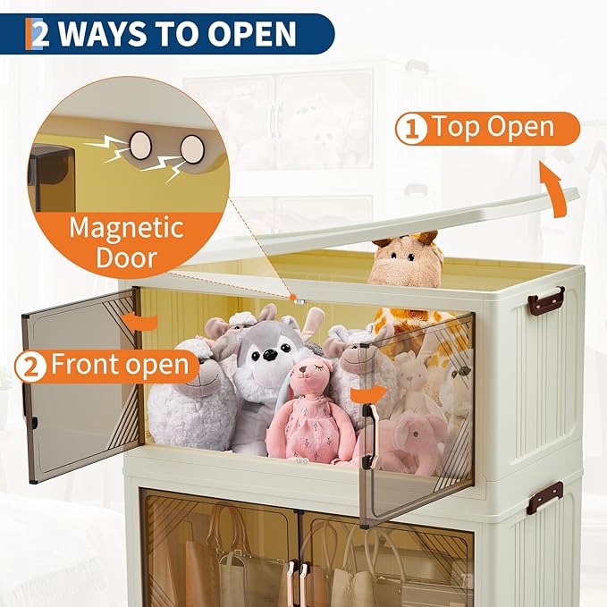 Garvee 192QT Stackable Storage Bins, Plastic Bins for Storage with Lids, Plastic Storages Drawers with Magnetic Doors & Wheels, Foldable Collapsible Closet Organizers for Home, Dorm, Office, White