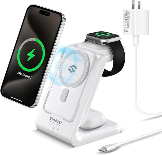 3 in 1 Wireless Charging Station: 10000mAh Removable Power Bank Charger Stand for Phone/Watch/Air Pods - Portable Magnetic Battery Pack for Air 17 16 15 14 13 12 Series White