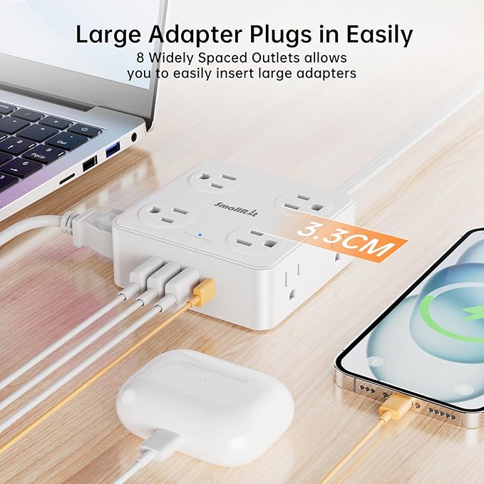 10Ft Power Strip with Surge Protector, 8 Outlets 4 USB Ports Extension Cord, Flat Plug Charging Station for Home Office Desk & College Dorm Essentials, White