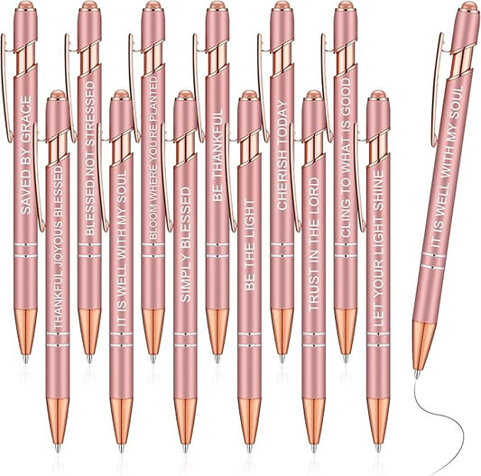 Zonon 12 Pcs Inspirational Pens Bulk Funny Ballpoint Pen with Stylus Tip Motivational Gifts for Christmas Teacher Coworkers Nurse School Office Supplies(Rose Gold,Bible Style)