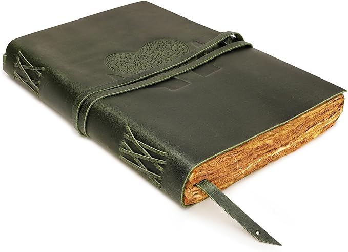 LUXEORIA Heart Journal for Women and Men, Handcrafted Leather Journal for Writing Womens, Sketchbook, Travel Diary with Unlined Deckle Paper, Dark Green 8x13