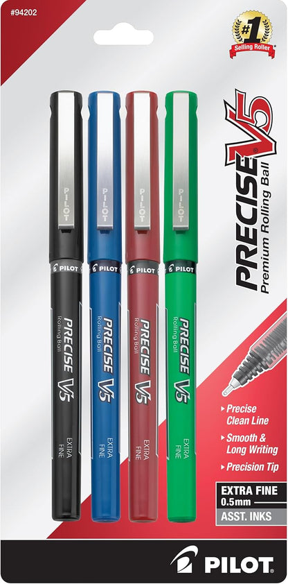 Pilot Precise V5 Capped Liquid Ink Rollerball Pens, Extra Fine Point Ink Pens 0.5 mm, Colored Pens, Assorted Colors, Pack of 4 - Ideal for School, Journaling, & Office Writing