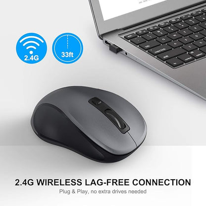 WisFox 2.4G Wireless Mouse for Laptop, Ergonomic Computer Mouse with USB Receiver and 3 Adjustable Levels, 6 Button Wireless Mice for Windows Mac PC Notebook (Grey)