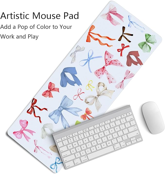 Kawaii Bow Mouse Pad, Girly Coquette Bow XL Large Mouse Pad, Girls Preppy Trendy Laptop Desk Mat For Girly Room Dorm Home Office, Colorful Bows Gifts for Teen Girls,31.5x11.8