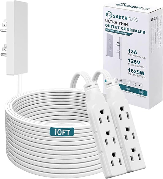 Outlet Concealer Power Strip-Outlet Cover Extender with 3AC Outlets-10ft Flat Plug Extension Cord,Universal Size,1625W for Kitchen, Home and Office,Child & Pet Safe(Dual 10 Foot)