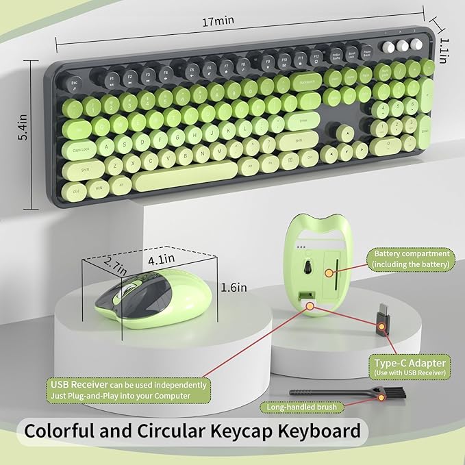 Wireless Keyboard and Mouse, MOFII 104 Round Keycaps Retro Typewriter with OTG & Brush, Full-Size Ergonomic, Ideal for Windows PC, Home, Office and College Gray Green