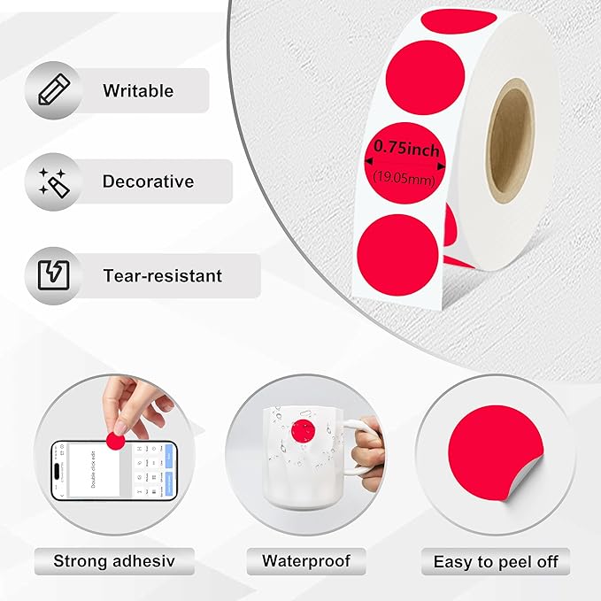 0.75 Inch Dot Stickers, 1000PCS 3/4" Round Thermal Printable Labels for Instant Organization, Color Coding Files, Tab Pages, Calendar Marking & Junk Journals,Red