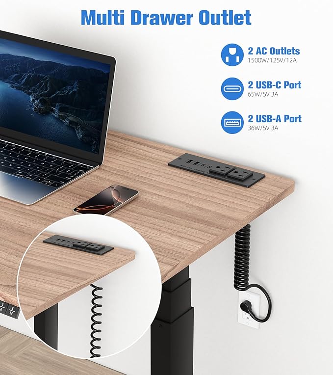 65W Furniture Drawer Outlet, Recessed Outlet with 4 USB Ports & 2 AC Outlets, Recessed Power Strip for Home, Office, 14 AWG-6FT Spring Cord(Black)